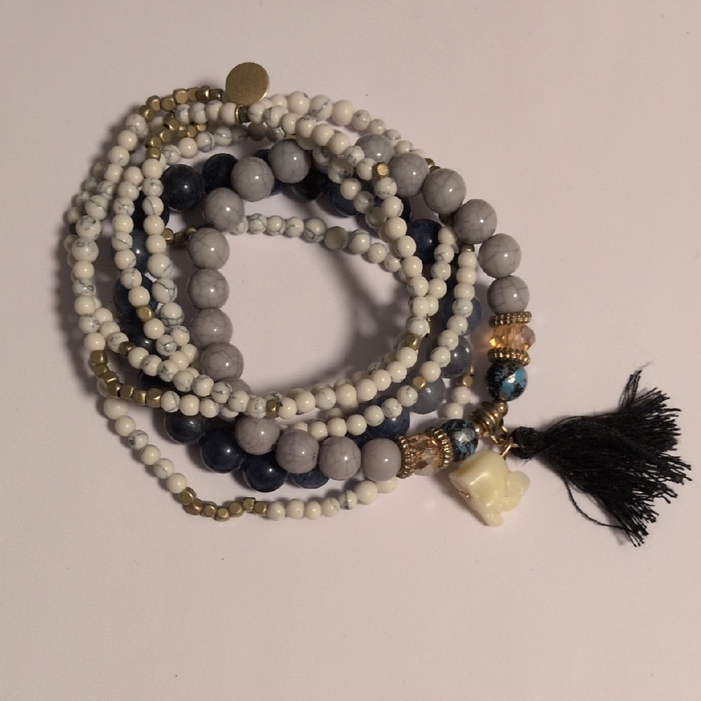 Elegant Multi-Color‎ Beaded Gray Blue And Cream Bracelet Set